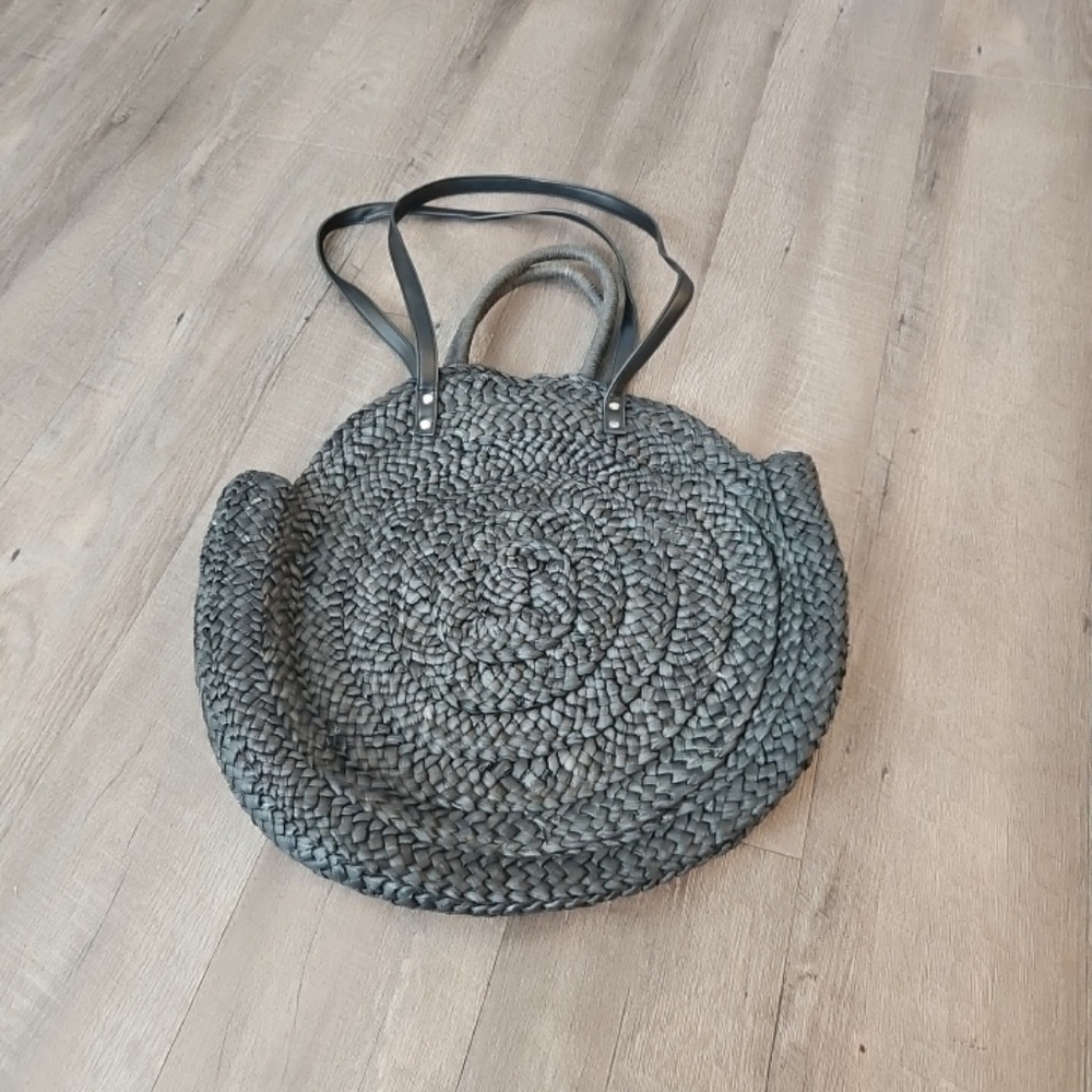 Mud Pie Black Raffia Round Tote With Top Handles & Leather Straps Beach Bag Lrg